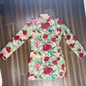 Size M Mock Neck Long Sleeve Mini Dress 3D Flowers Bodycon Tulle Red Pink Green